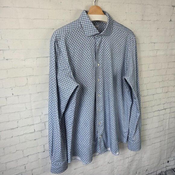 Emanuel Berg Modern Fit Dress Shirt Size L 16.5 Blue Geometric Soft Button Up - Picture 2 of 9